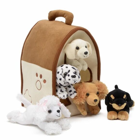 Plush Dog House -Five (5) Stuffed Animal Dogs (Dalmation, Yellow Lab, Rottweile - Picture 1 of 3